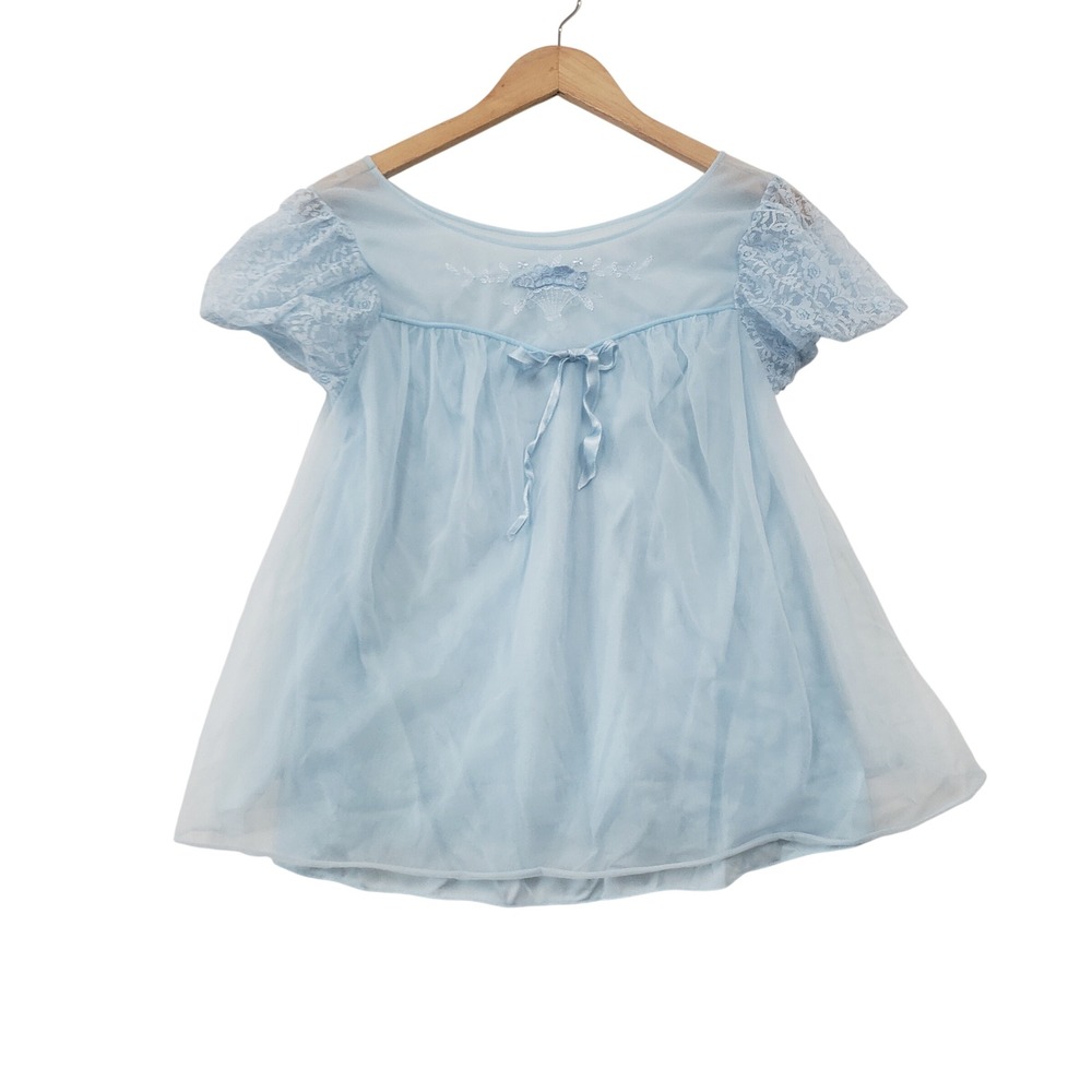 Carillon 60s Vintage Babydoll Nightgown Medium Blue Lace Sheer Chiffon ILGWU